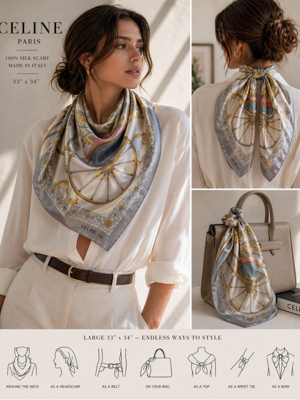 Vintage Celine Paris 100% Silk Scarf 33x34 Equestrian Carriage Wheel Print Italy